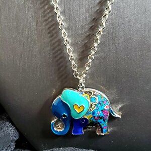 HandPainted Enamel Elephant Necklace Lt Teal Ears